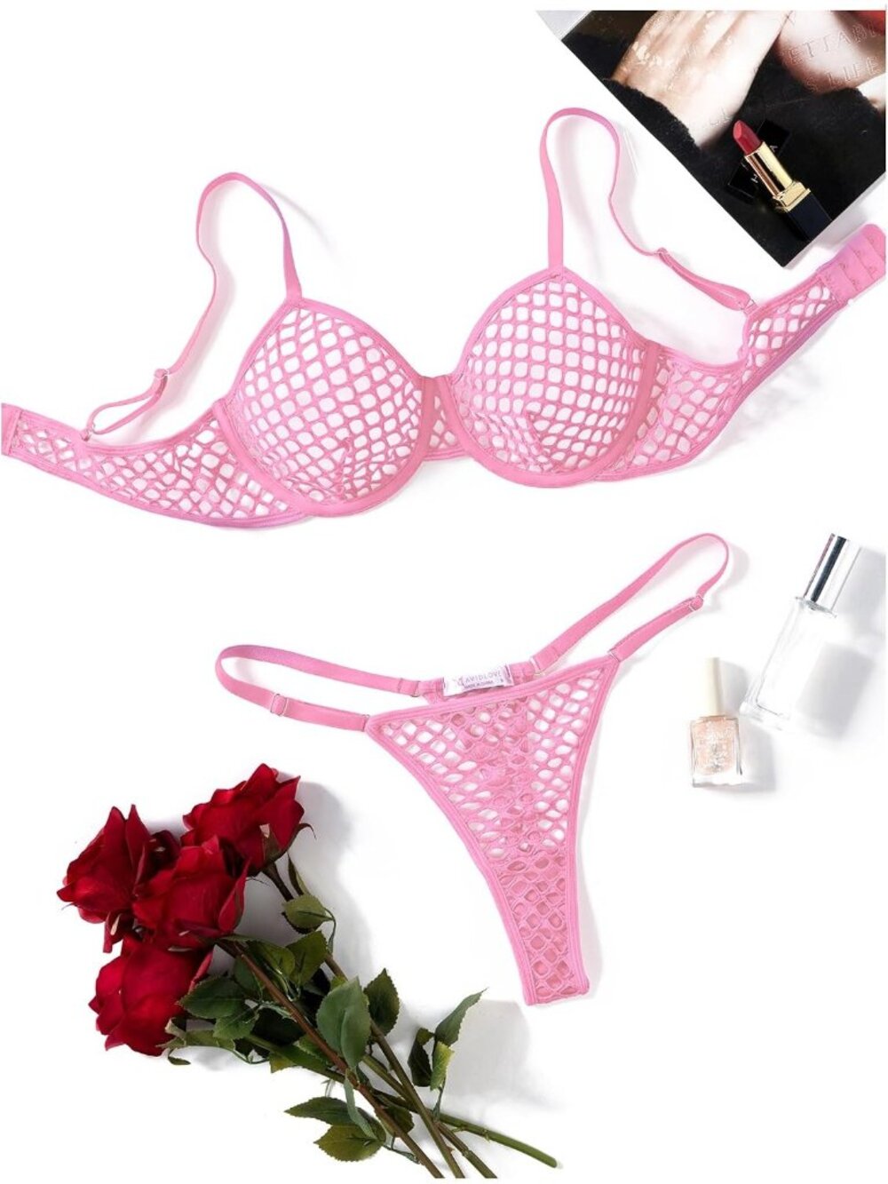 Women's Deep Pink Adjustable Strap Fishnet Push Up Bra & Thong Underwear 2 Piece